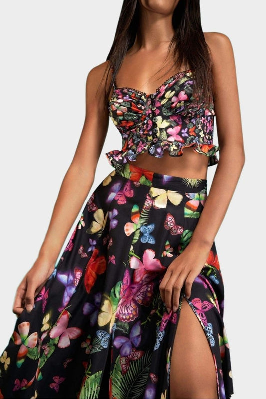Butterfly Print Frill Mini Top ?high Waist Split Midi Skirt Set