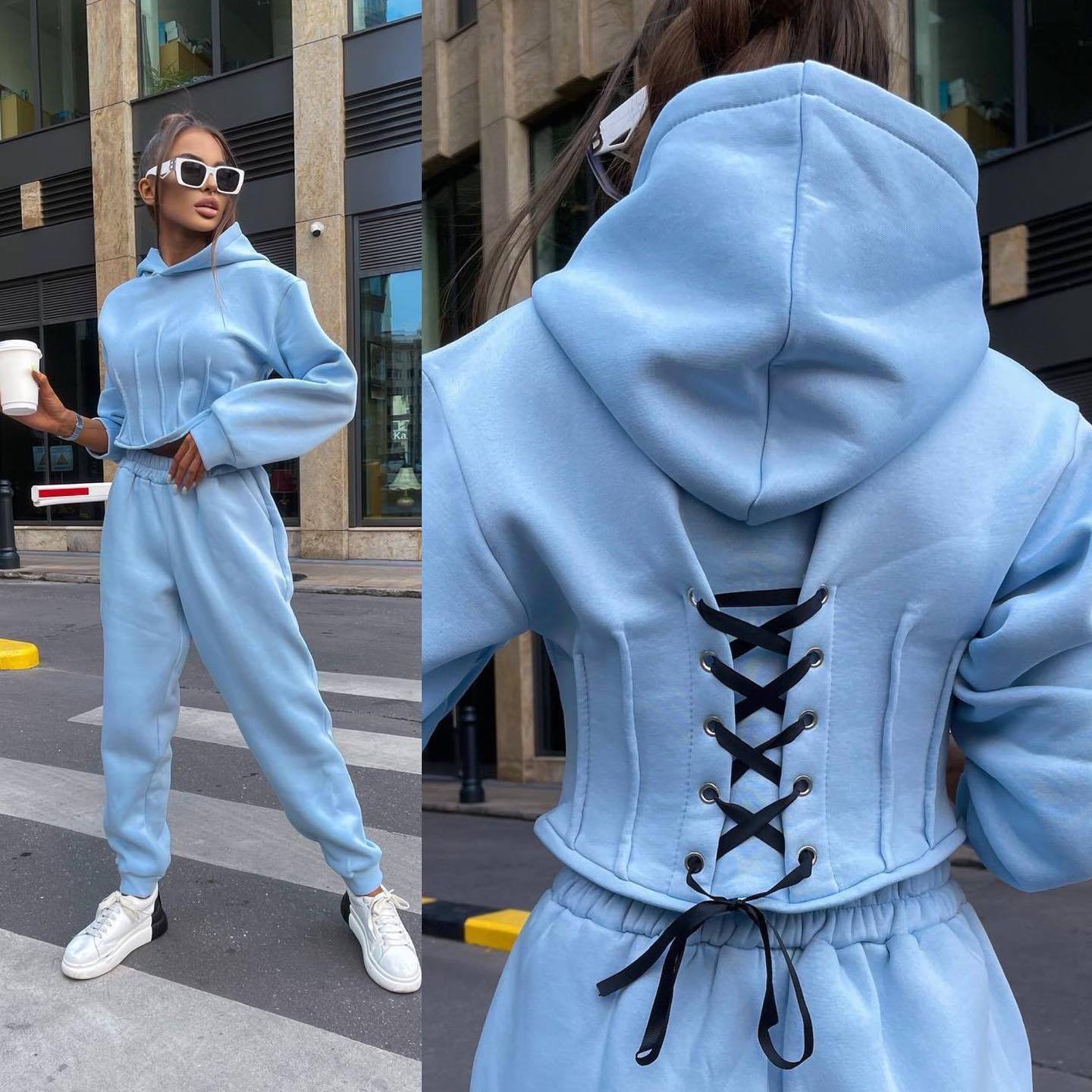 Hoodie Set Fall Winter Cinched Hoodie Sweater Jogger Pants Two Piece Set