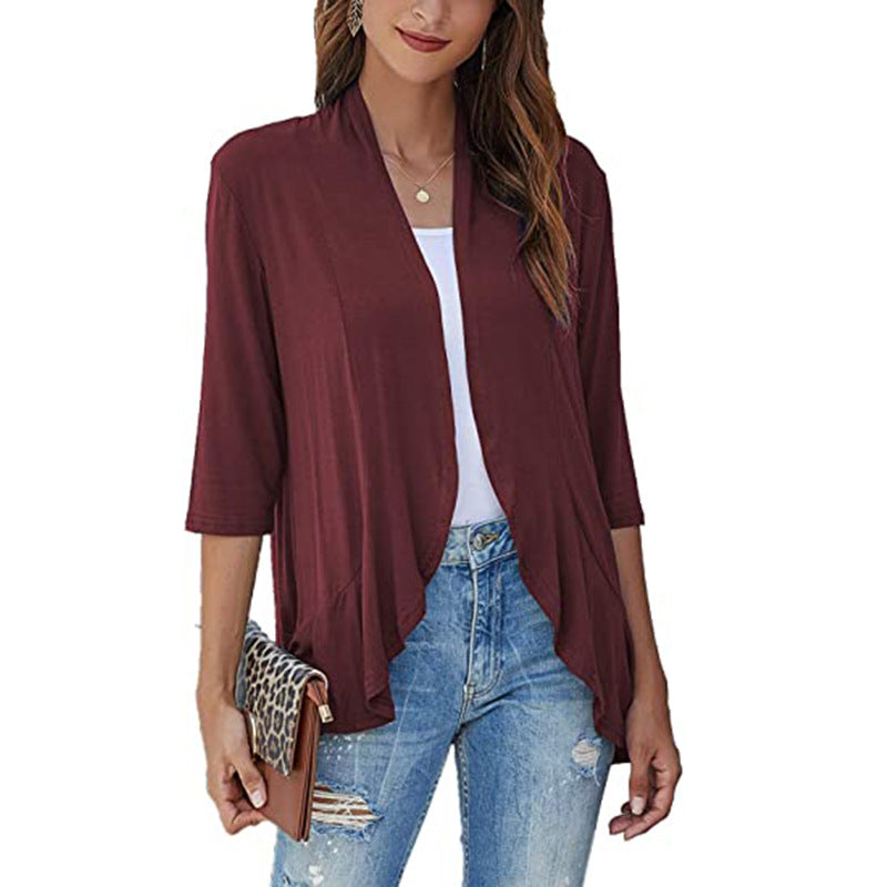 Clothing Autumn Color Cardigan 3/4 Sleeve Ruffle Top