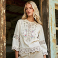 Elegant Lace Floral Embroidery Linen T-shirt artswardrobe