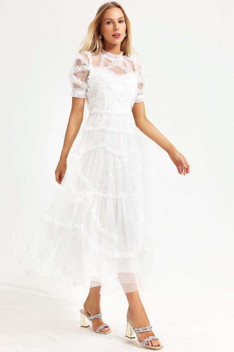 Round Collar Short Sleeve Mesh Ruffle Hem Midi Dress