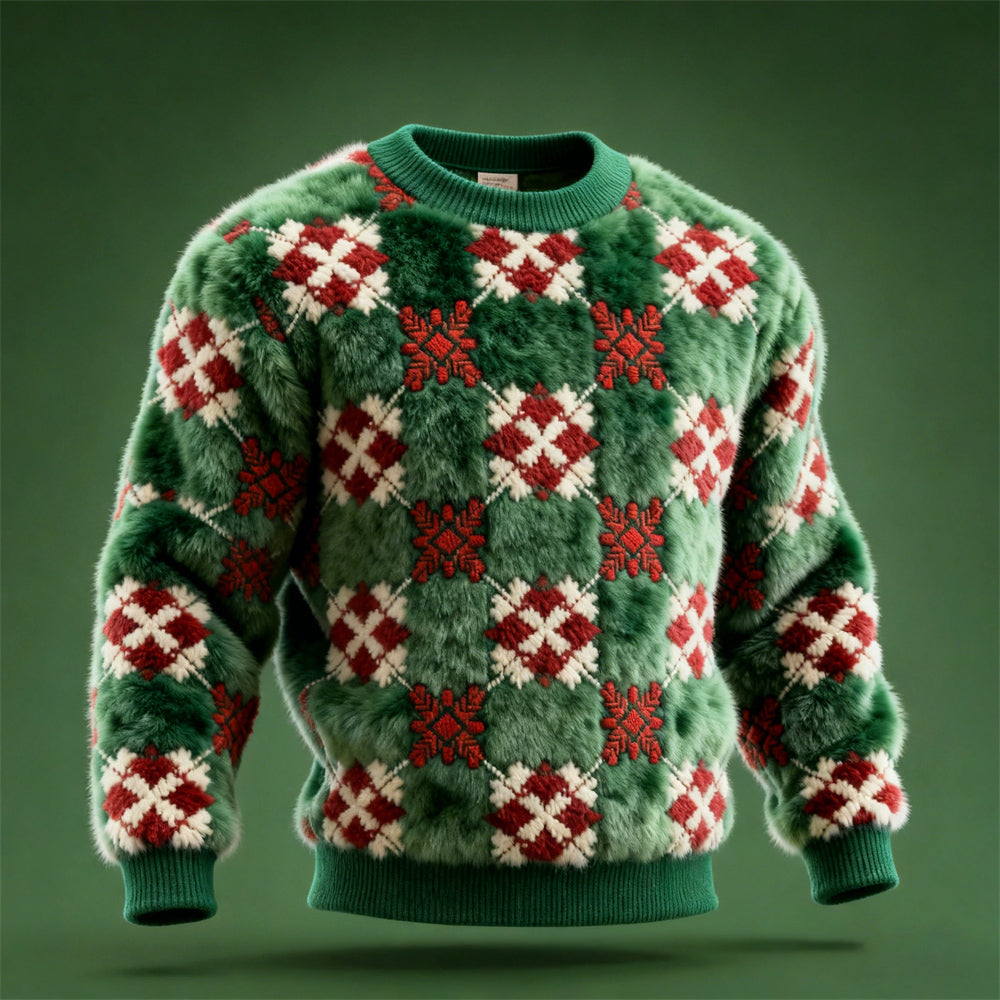 Comstylish Christmas Snowflake Plaid Embroidered Design Men's Crew Neck Flannel Sweatshirt