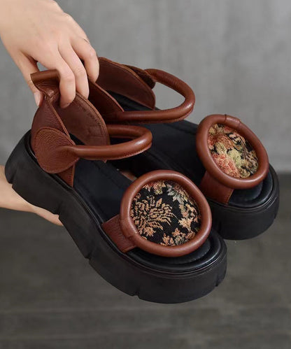 Retro Chocolate Platform Cowhide Leather Fitted Splicing Sandals Oi018