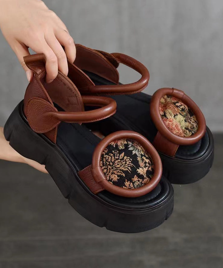Retro Chocolate Platform Cowhide Leather Fitted Splicing Sandals Oi018