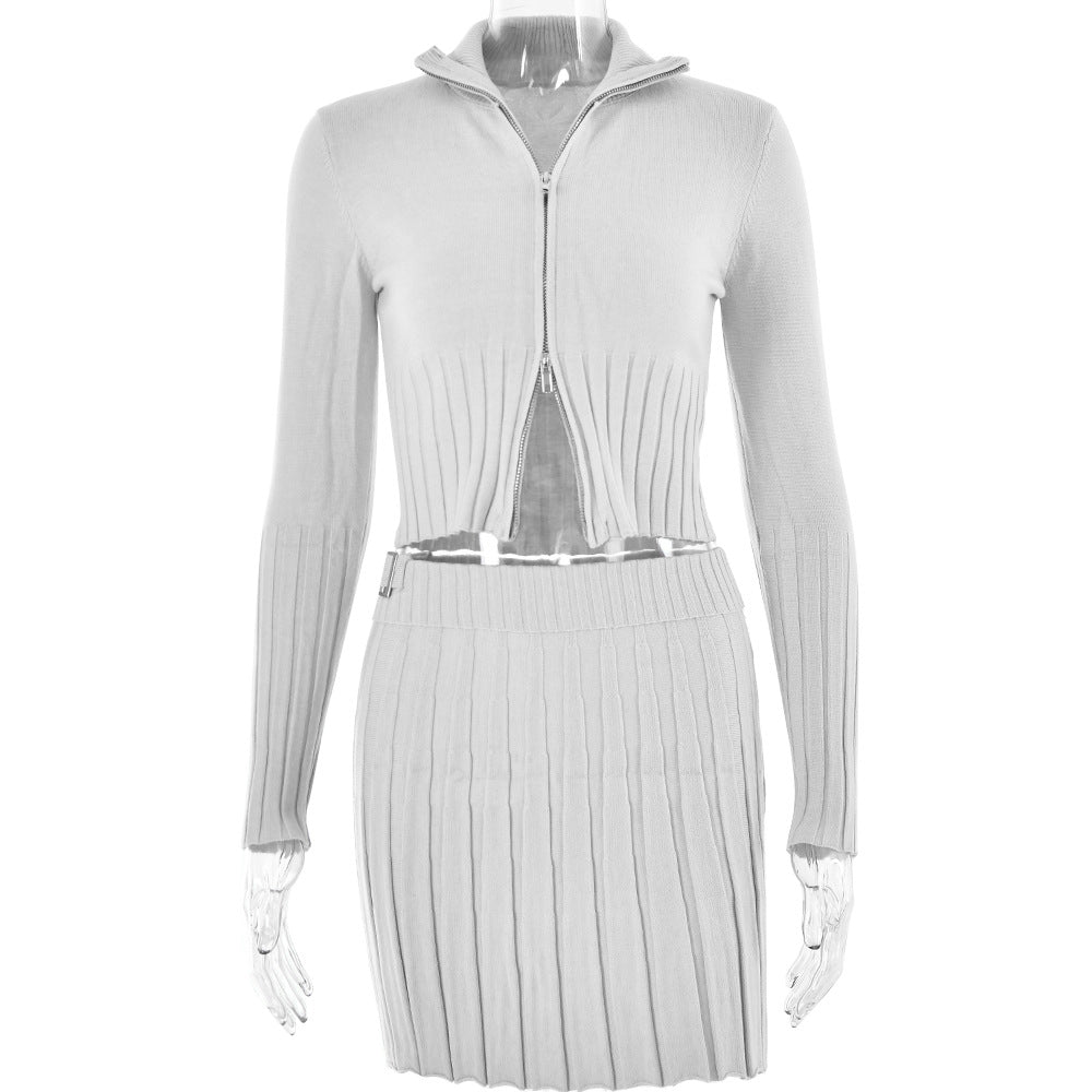 Autumn Winter Knitted Cardigan Long Sleeve Two Piece Set Pleated Skirt Set