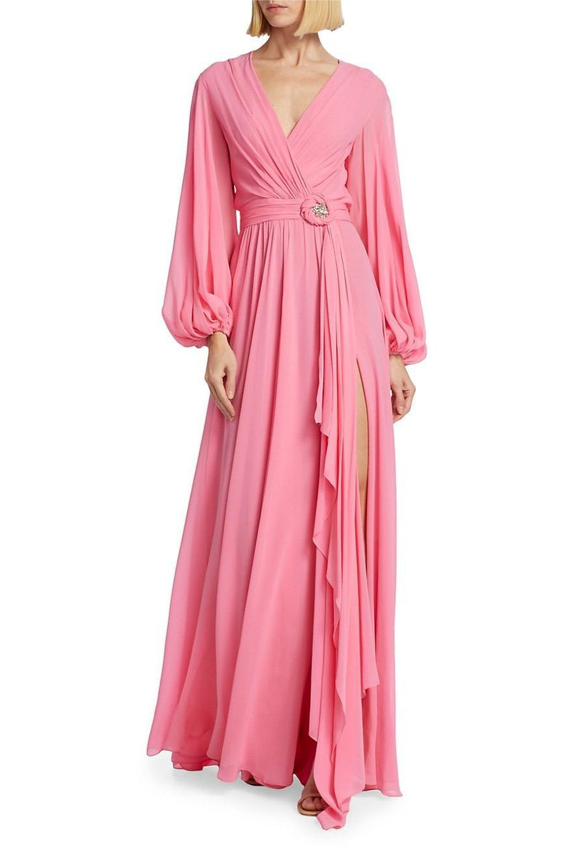Lantern Sleeve V-neck Tapered Waist Slit Maxi Dress Pink
