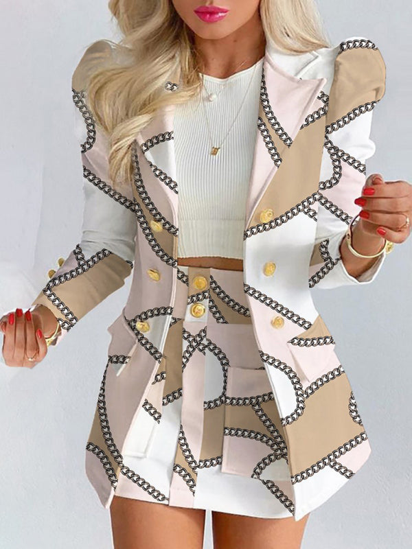 Printed Princess Sleeve Commuter Slim Skirt Suit New Style