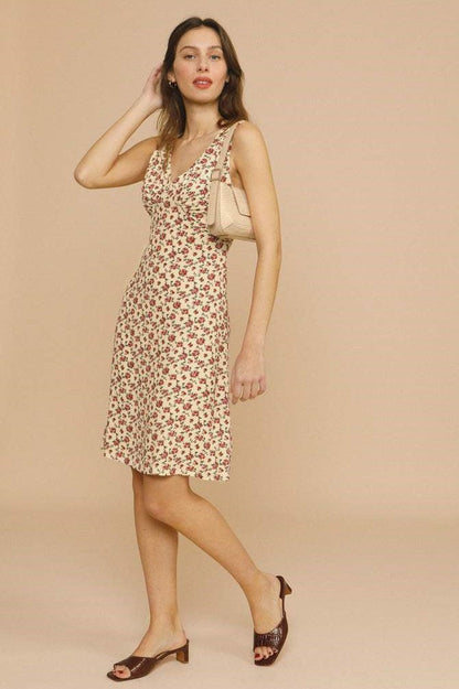 Sleeveless V-neck Print Midi Dress Yellow