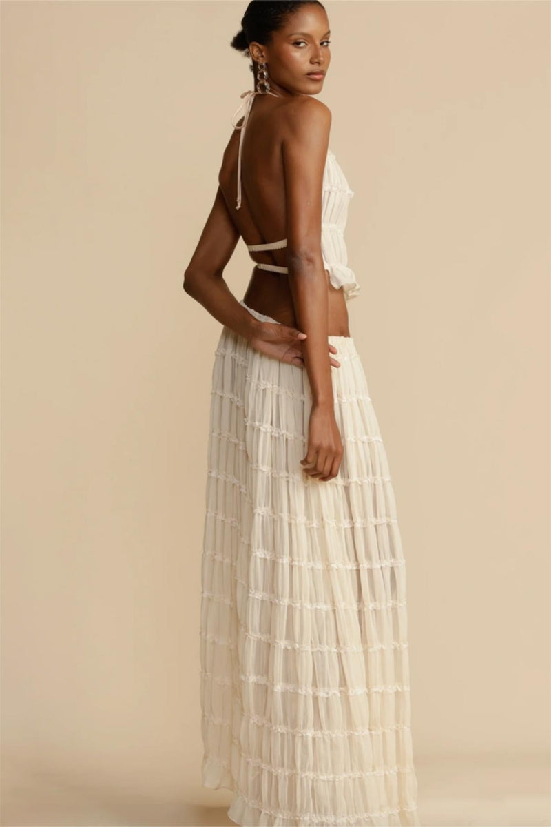 Smocking Halter Neck Backless Top ?mid Waist Maxi Skirt Set