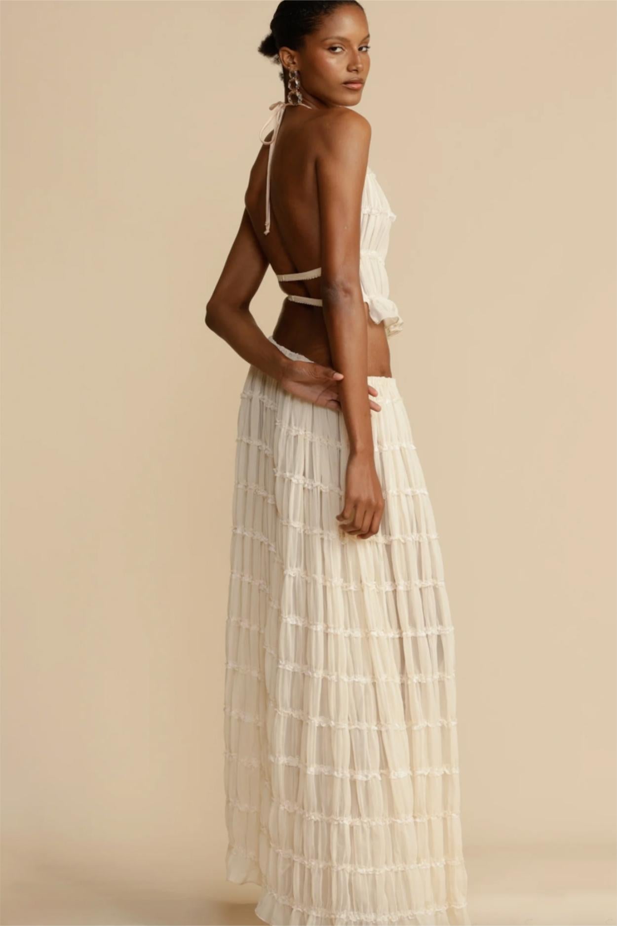 Smocking Halter Neck Backless Top ?mid Waist Maxi Skirt Set