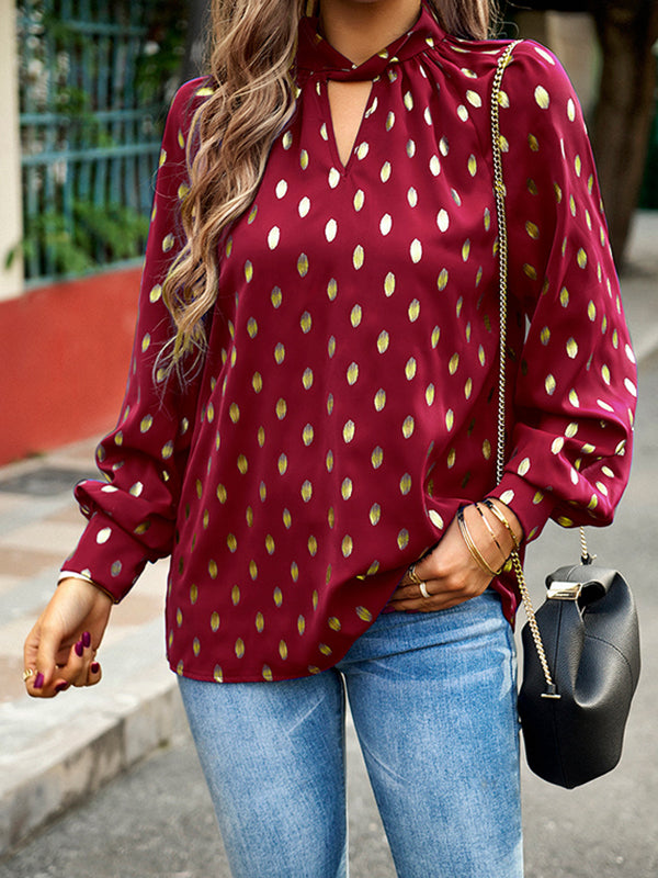 Long Sleeves Loose Bronzing Hollow Mock Neck Blouses&shirts Tops