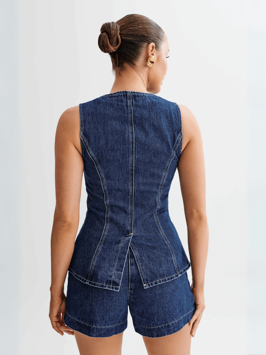 Dallas Button Front Denim Vest Shorts Matching Set