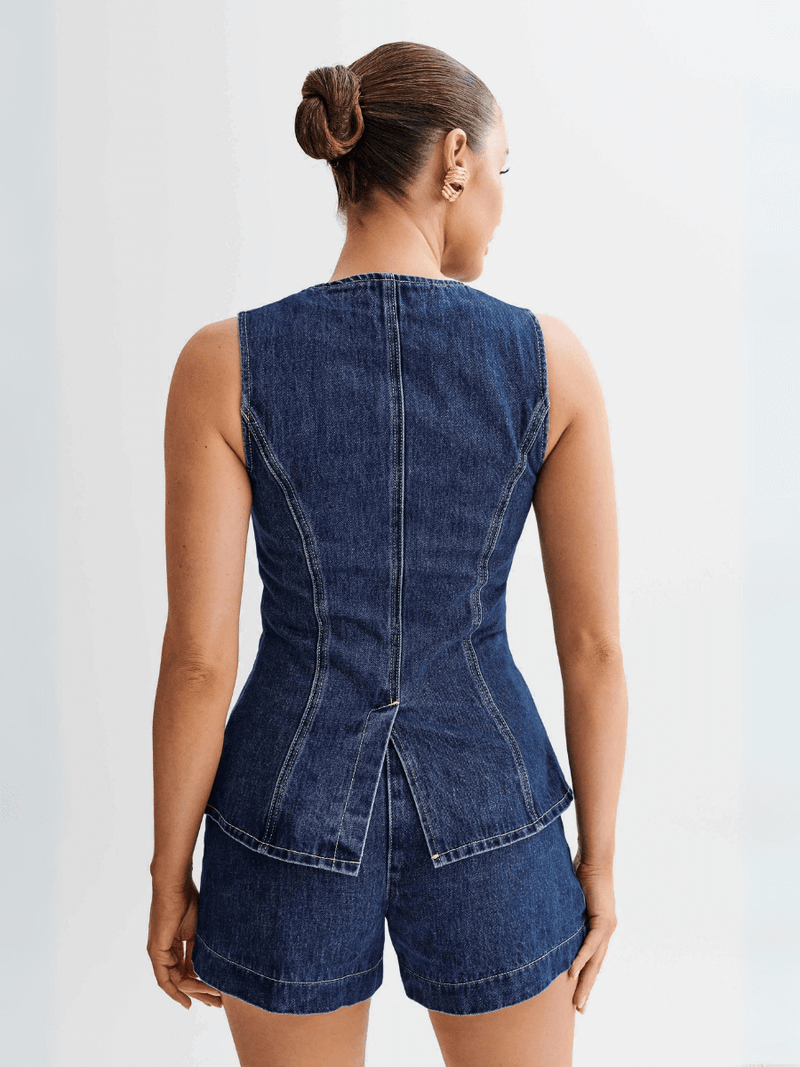 Dallas Button Front Denim Vest Shorts Matching Set