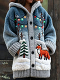 Christmas Forest Fox Women's Knit Hooded Cardigan artswardrobe