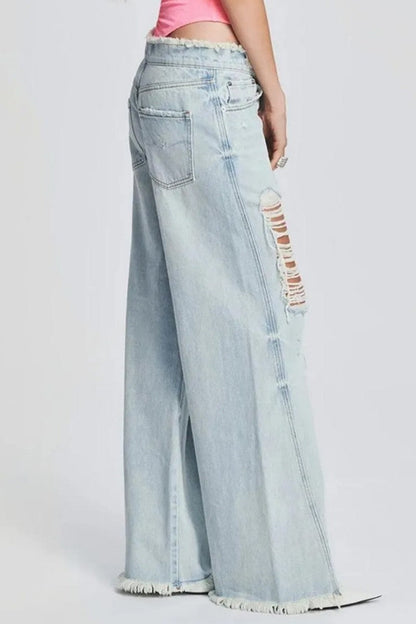 Ripped Patchwork Mid Waist Regular Denim Jeans (subject to the Actual Object)
