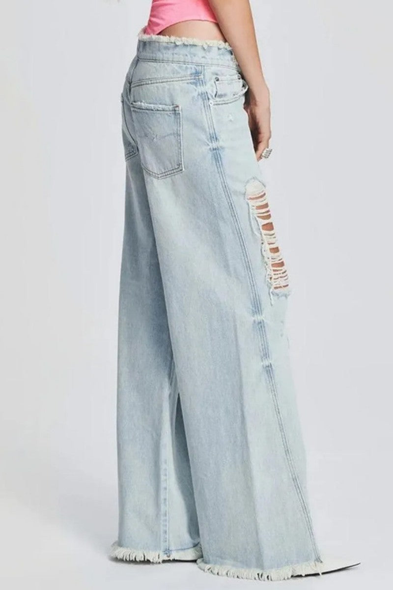 Ripped Patchwork Mid Waist Regular Denim Jeans (subject to the Actual Object)