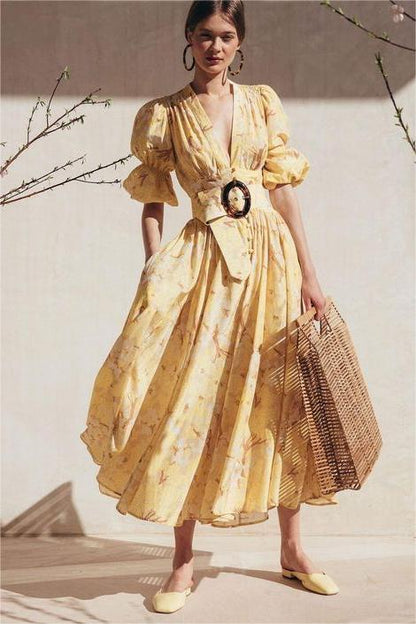 Chiffon V-neck Midi Dress With Belt