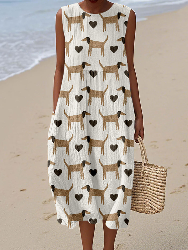 Comstylish Cute Painted Groodle Dogs Linen Tank Dress