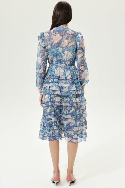 Printed Long Sleeve Layered Ruffle Hem Lace Up Midi Dress