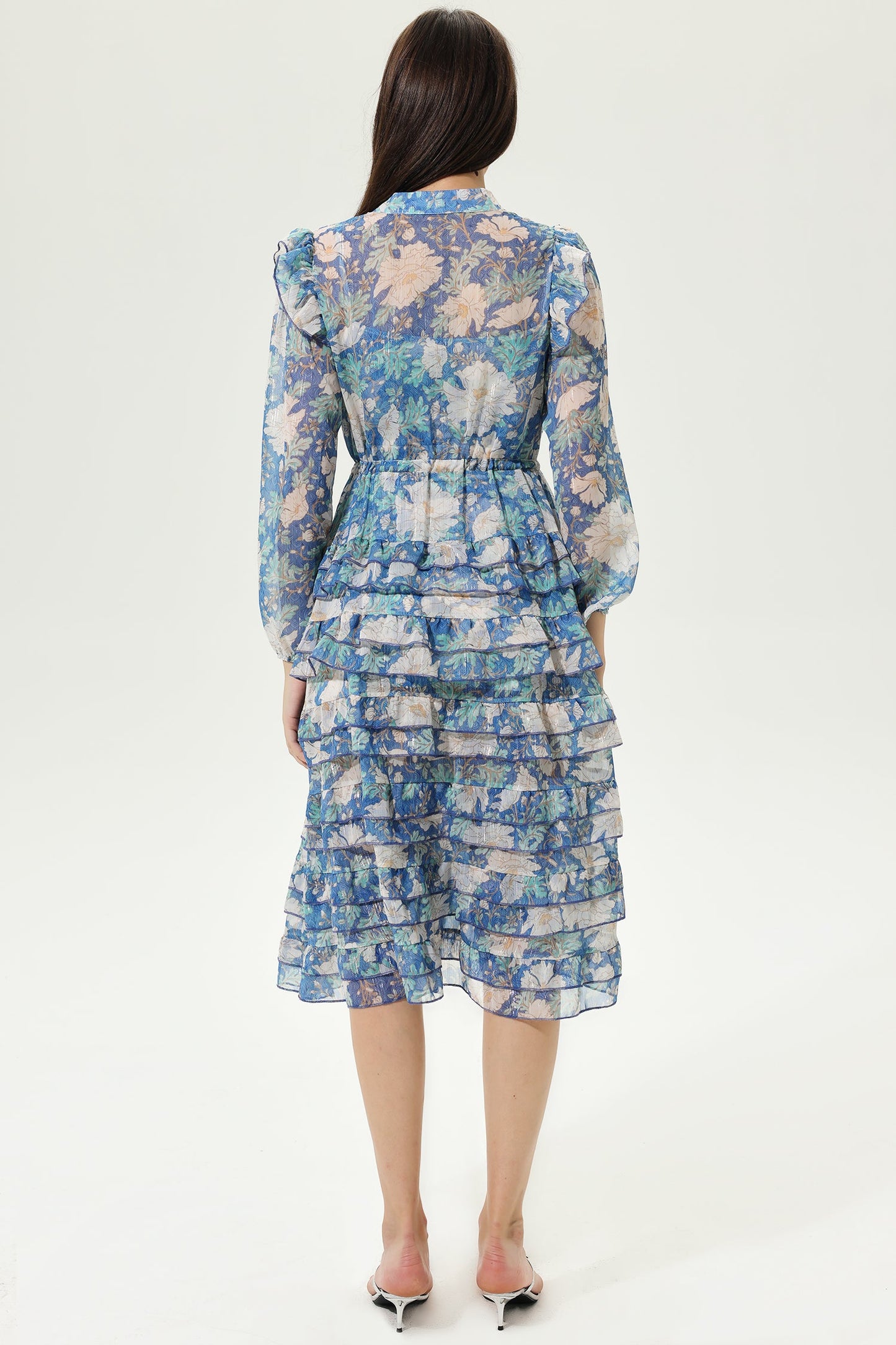 Printed Long Sleeve Layered Ruffle Hem Lace Up Midi Dress
