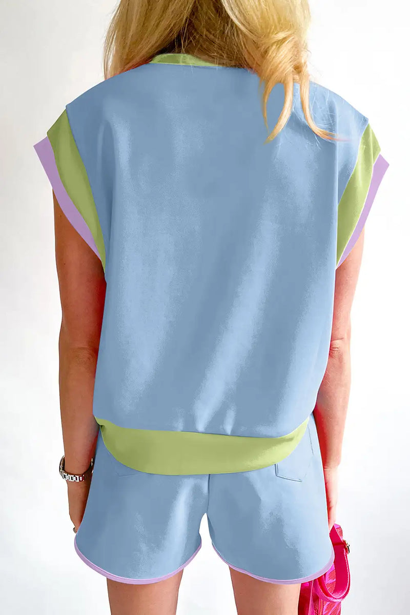 Blue Colorblock Cap Sleeve Shorts Set