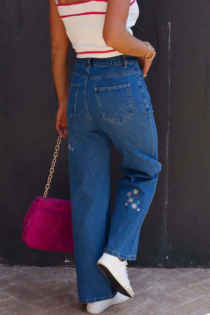 Street Embroidered Mid Waist Denim Jeans