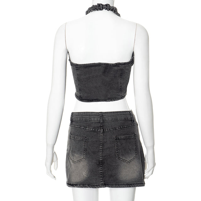 Summer Denim Embroidery Set Sleeveless Bandage Hollow Backless Tops Bodycon Mini Skirts Two Piece