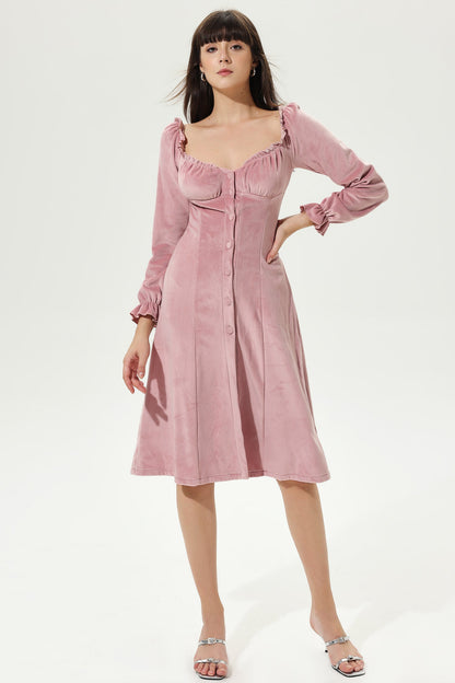 Long Sleeve Square Collar Buckle Pleated Slim Midi Dress Pink