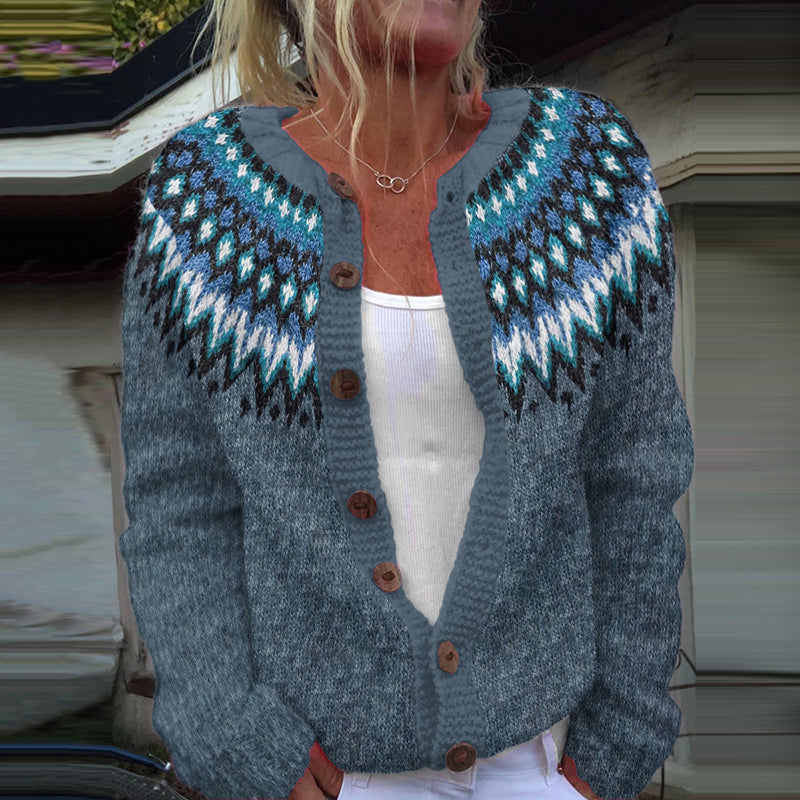 Retro Wavy Pattern Crew Neck Sweater Cardigan elevenforest