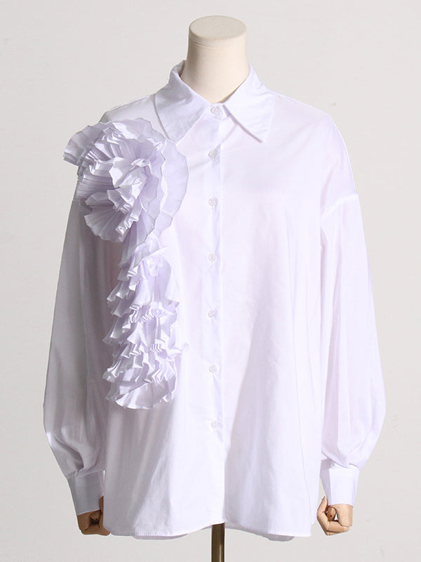 Long Sleeves Loose Asymmetric Buttoned Pleated Color Split-joint Three-dimensional Flower Lapel Blouses&shirts Tops