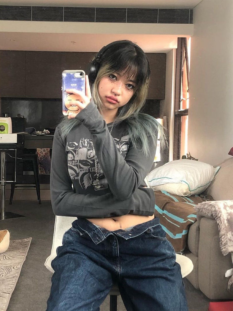 Retro Eyes Print Tops Fairy Grunge Graphic Spring T Shirts Indie Aesthetic Clothes Cyber Y2k Slim Long Sleeve Top