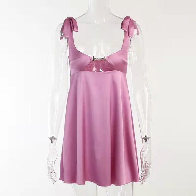 Taruxy Bandage Satin Dress Party Backless Sleeveless Loose Dresses Hollow Out Mini Dress Woman New