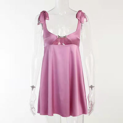 Taruxy Bandage Satin Dress Party Backless Sleeveless Loose Dresses Hollow Out Mini Dress Woman New