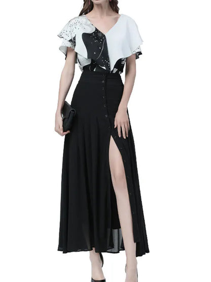 Mid-length Skirt All-match High-waist Button Slit Mesh Long Gauze Skirts for Summer Pleated Skirts Black