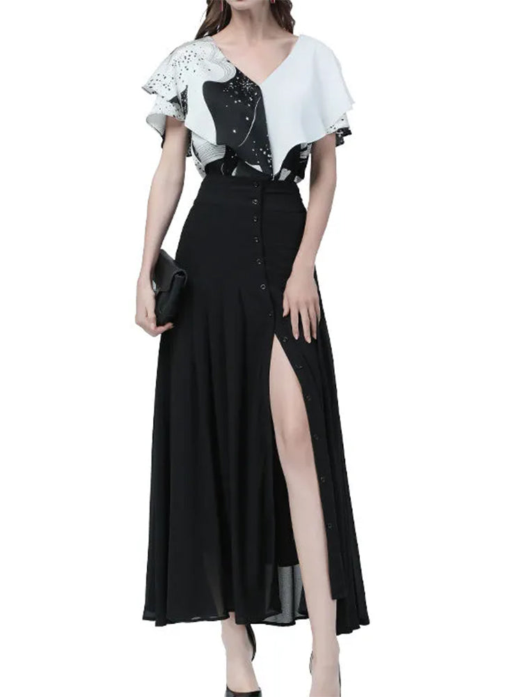 Mid-length Skirt All-match High-waist Button Slit Mesh Long Gauze Skirts for Summer Pleated Skirts Black