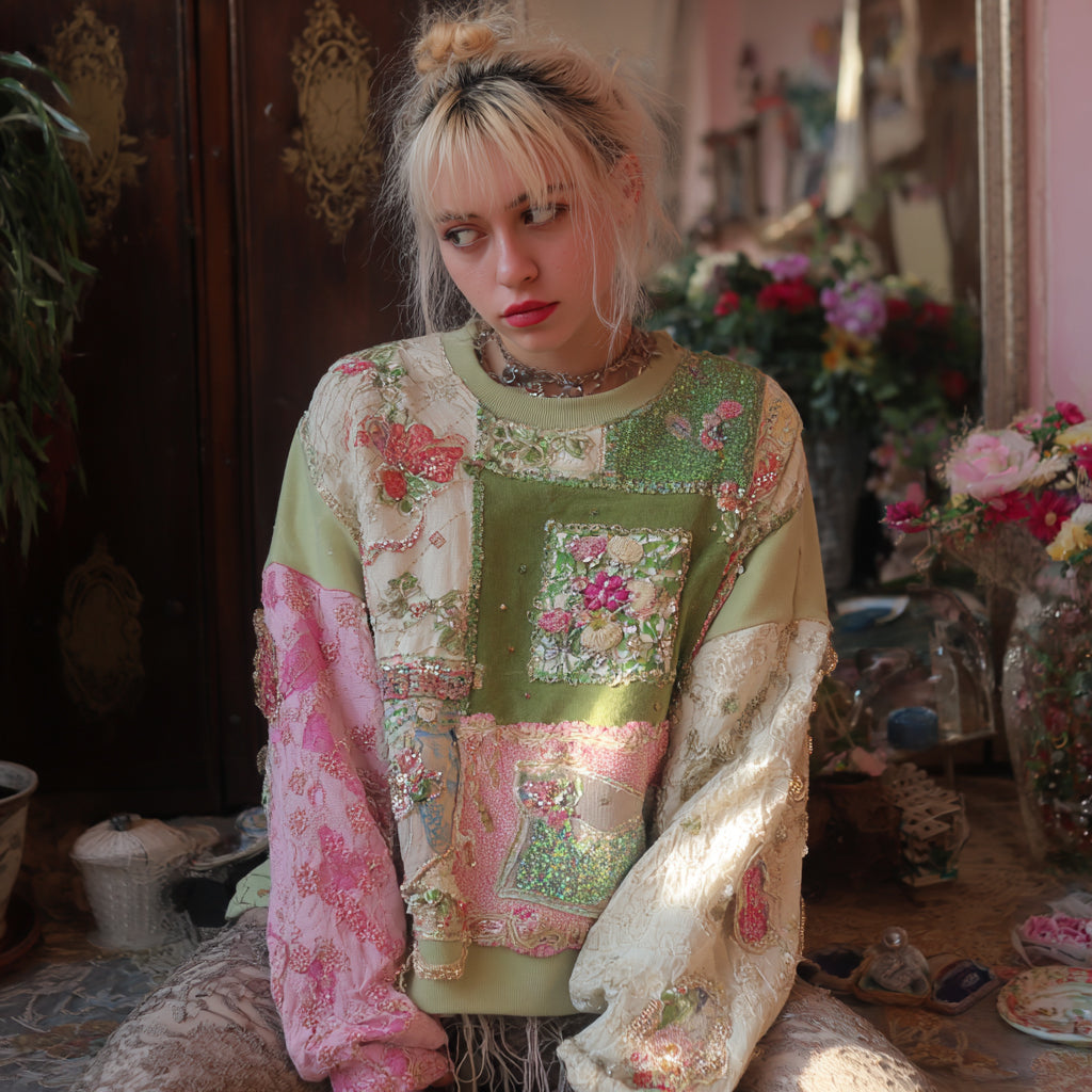 Comstylish Boho Floral Patchwork Embroidered Women's Casual Sweatshirt