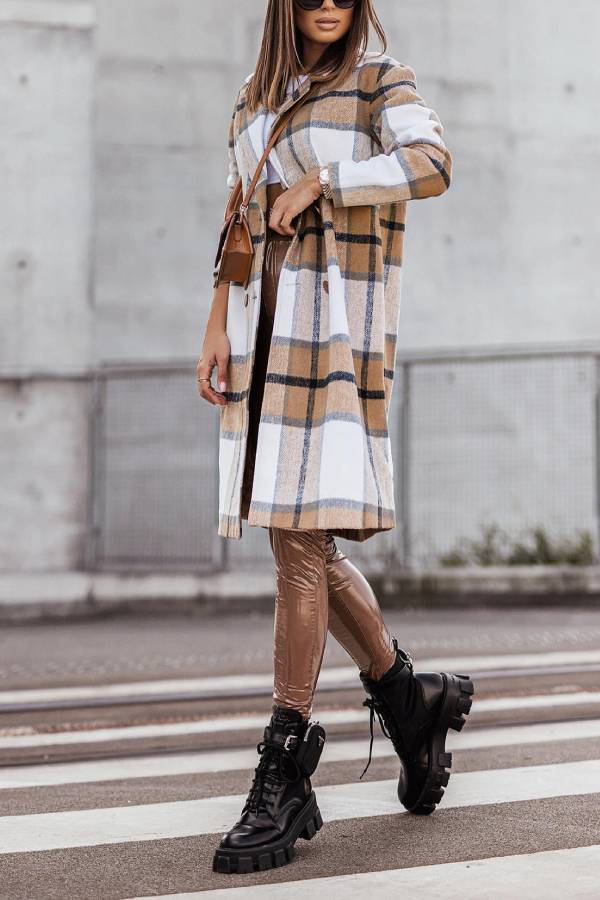 Mid Length Double Breasted Plaid Print Woolen Coat