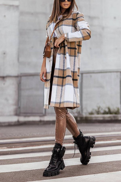 Mid Length Double Breasted Plaid Print Woolen Coat