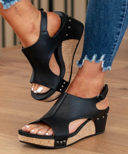 European American Style Black Splicing Wedge Sandals Hollow Out Peep Toe Uu011