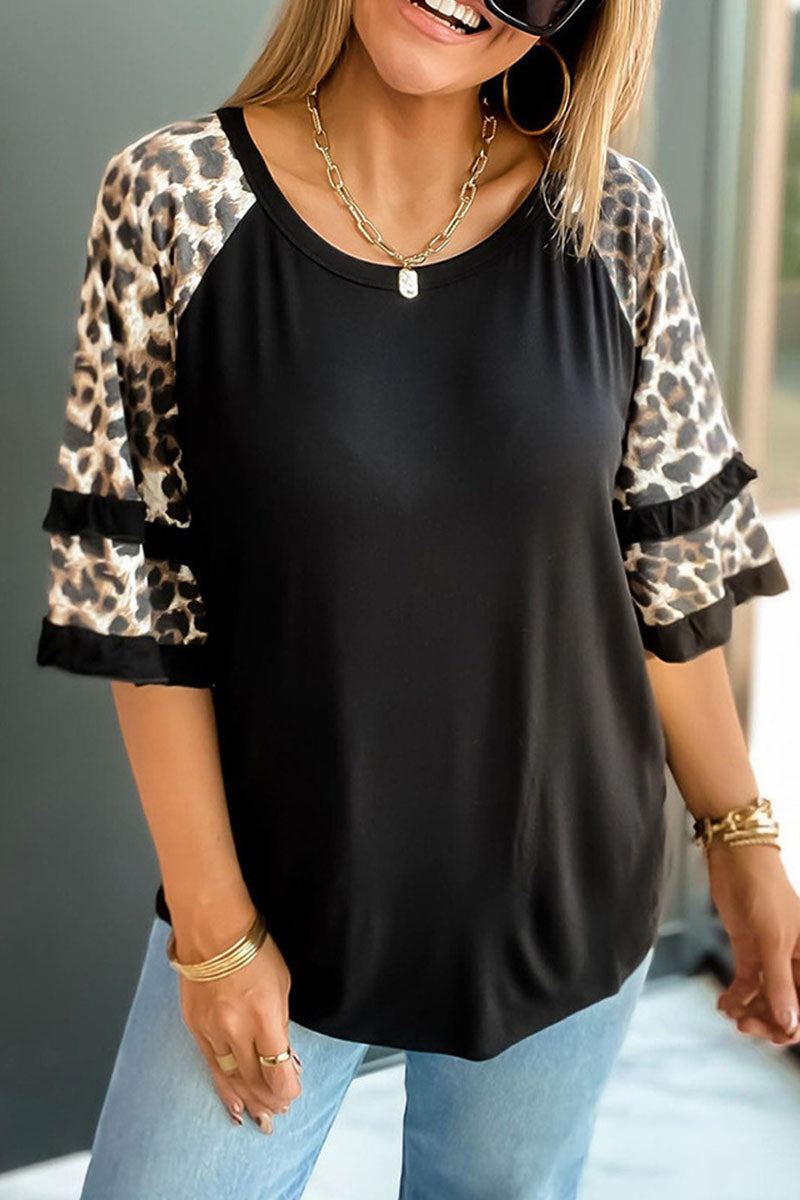 Print Leopard Patchwork O Neck T-shirts(5 Colors)