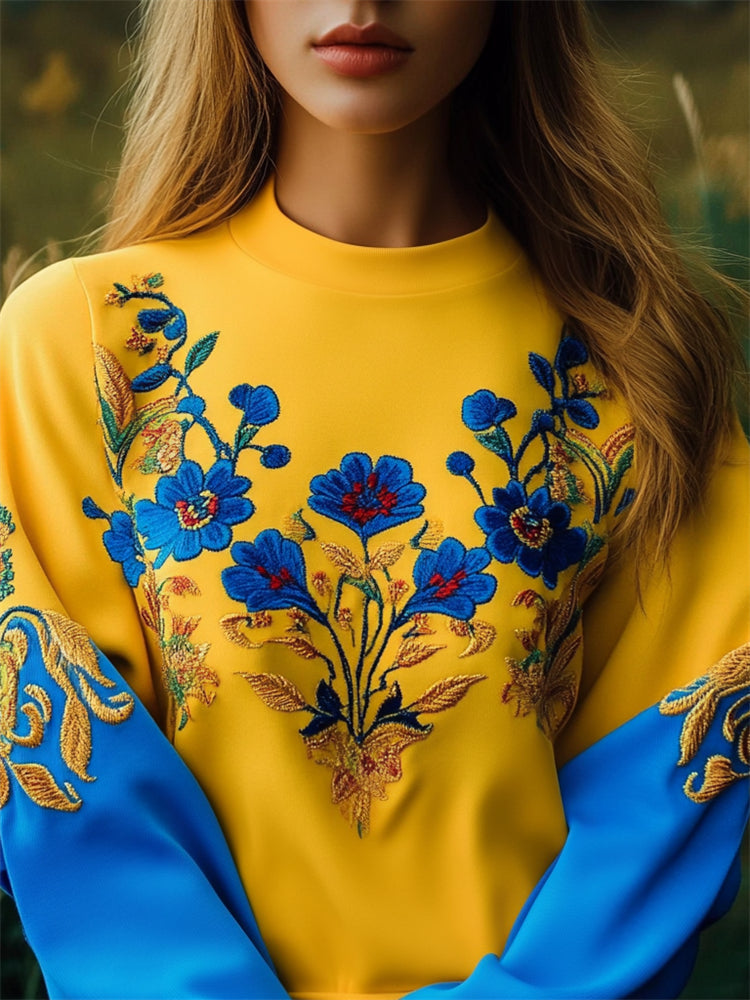 Comstylish Ukraine Ethnic Floral Embroidered Contrast Color Sweatshirt