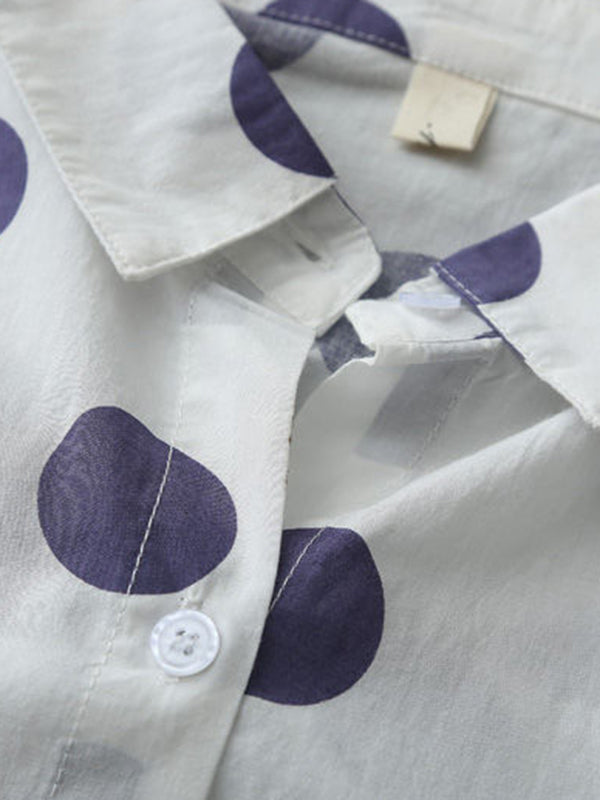 High-low Long Sleeves Polka-dot Lapel Shirts Tops