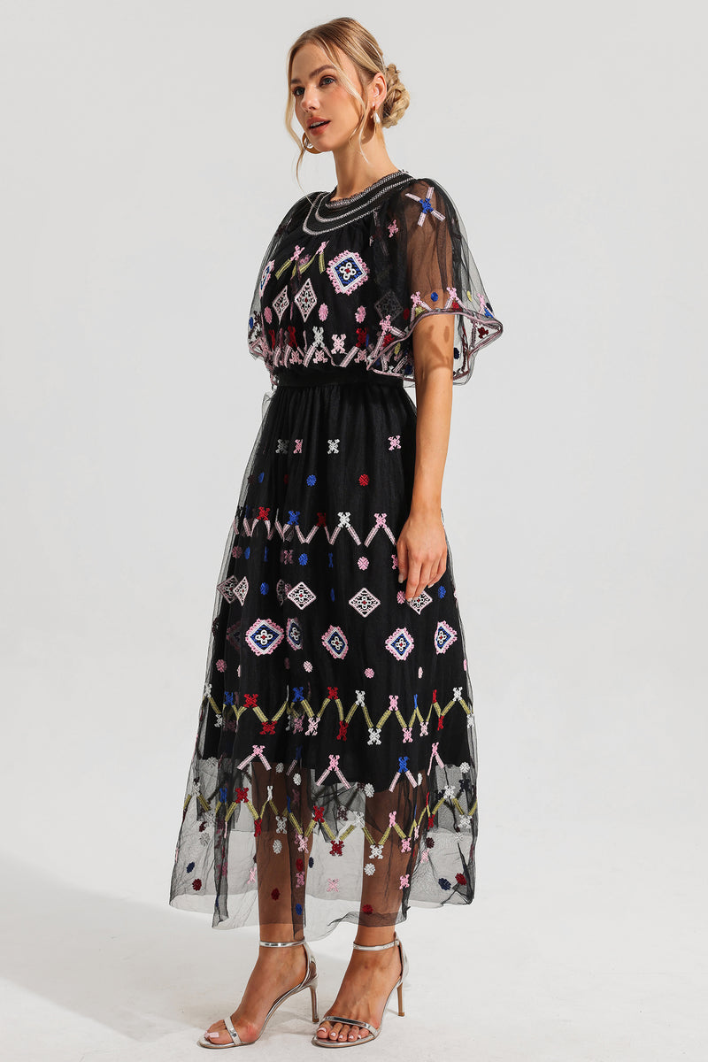 Mesh Embroidered Smocking Midi Dress
