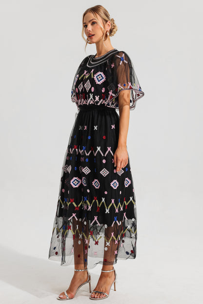 Mesh Embroidered Smocking Midi Dress