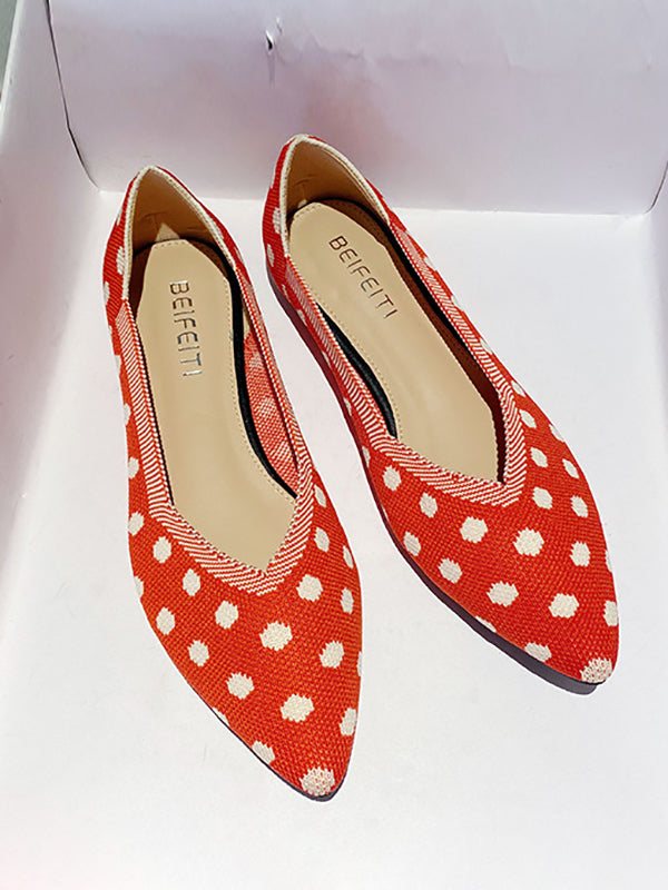 Contrast Color Pointed-toe Polka-dot V-cut Low Heels Flat Shoes