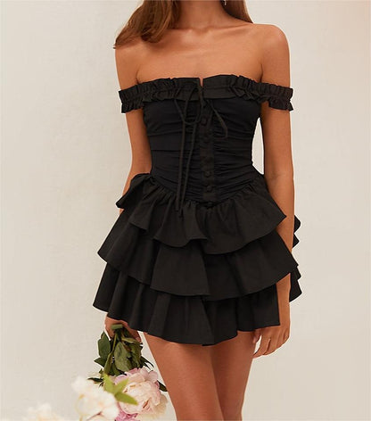 ’s Wooden Ear Strapless Black Slimming Camisole Layer Dress – Crisscross Style