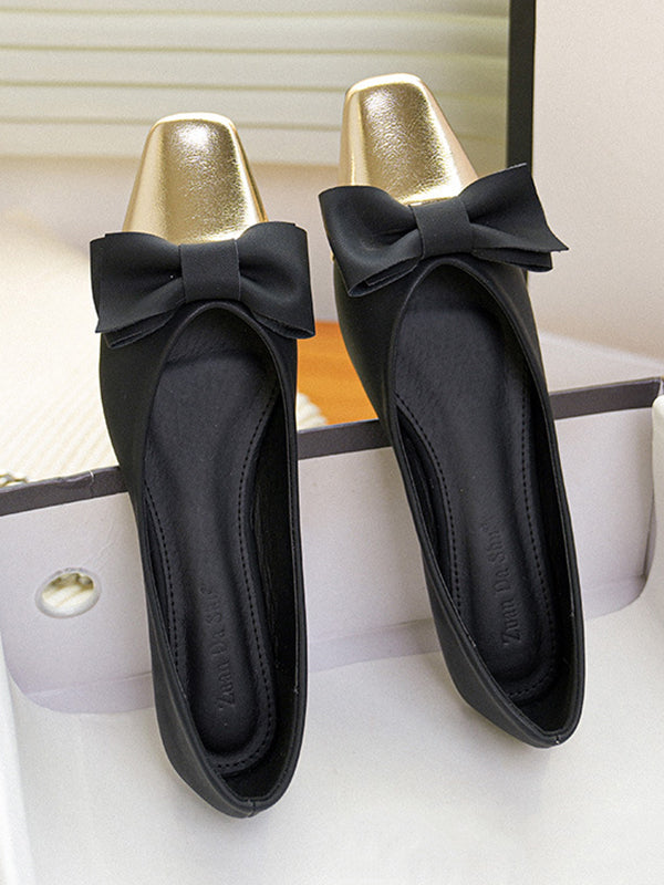 Bowknot Contrast Color Shallow Cut Split-joint Square-toe Flats