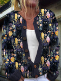 Comstylish Watercolor Floral & Black Cat Print Women's Cardigan Sweater