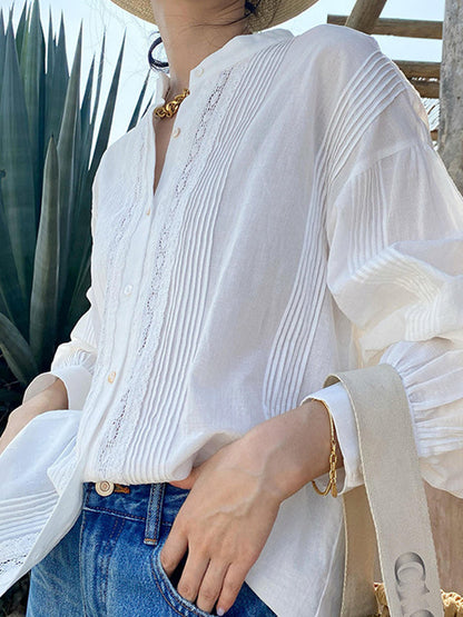 Long Sleeves Loose Buttoned Pleated Color Split-joint Stand Collar Blouses&shirts Tops