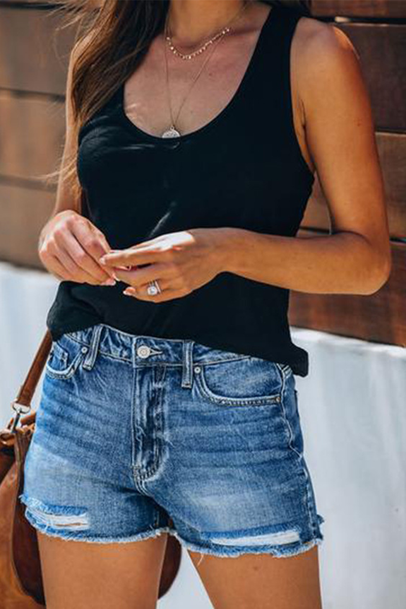 Ripped Mid Waist Skinny Denim Shorts